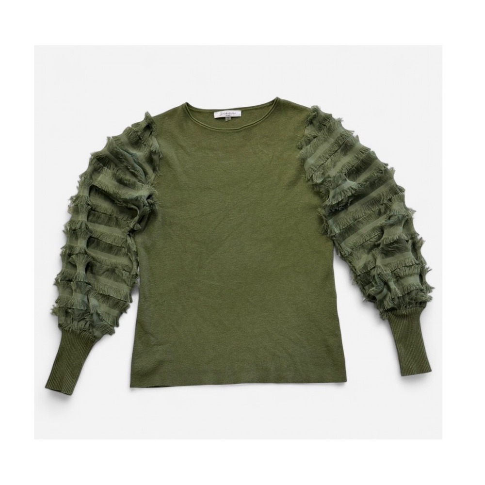 Siani Milano Fringe Sweater Olive Green Boho Statement Eclectic Unique Small